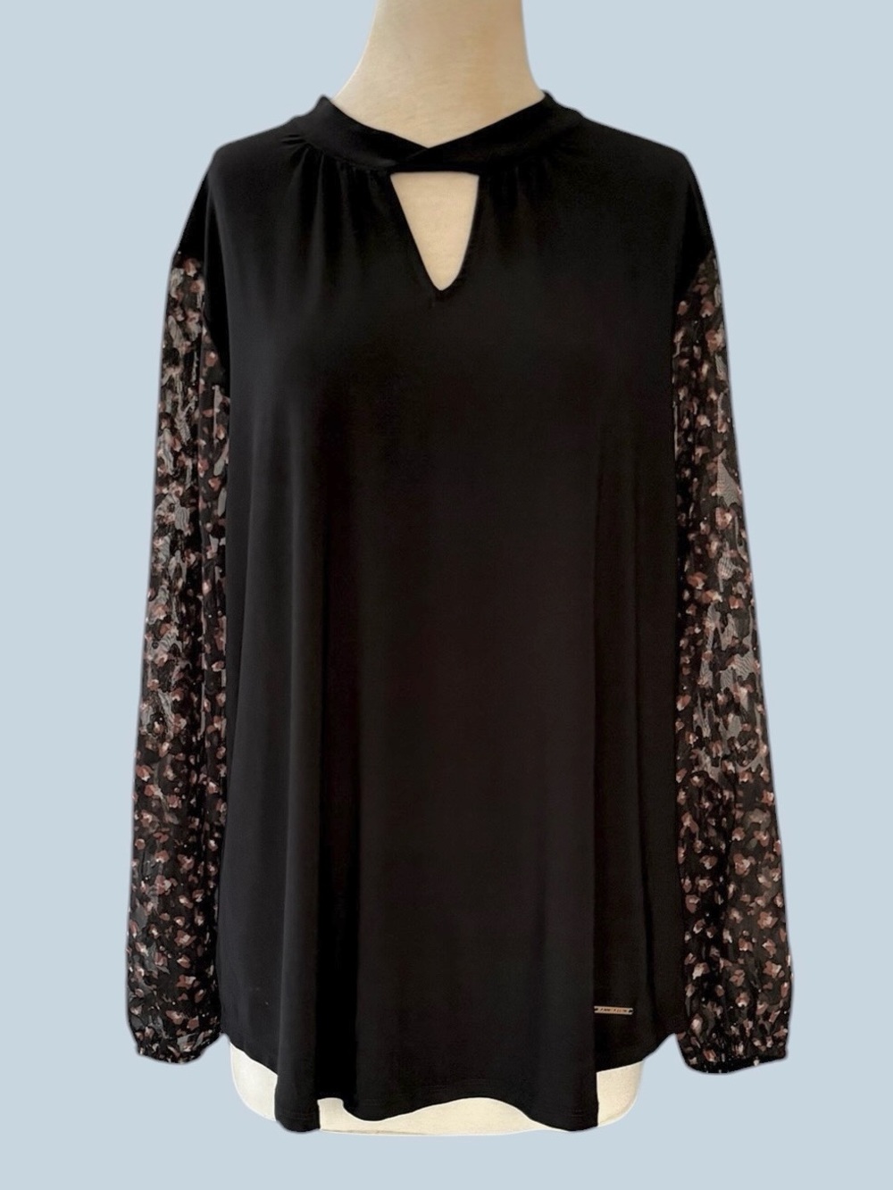 Anne Klein Black Twist Keyhole Leopard Print Long Blouson Sleeve Blouse ~ XL